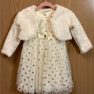 Nanette Baby Cream Dress with Pink Logo and Gold Heart Accents